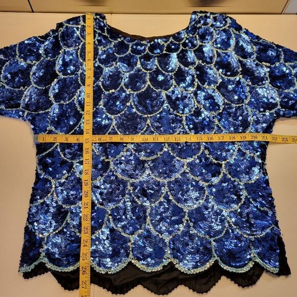 Isabelle 80s Vintage Silk Beaded Sequin Blouse Mermaid Fishscale Pattern Blue - Picture 7 of 9